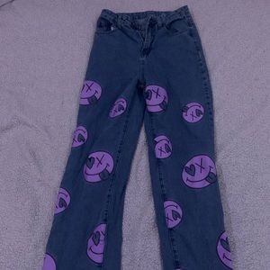 High wasted smiley face print wide leg jeans